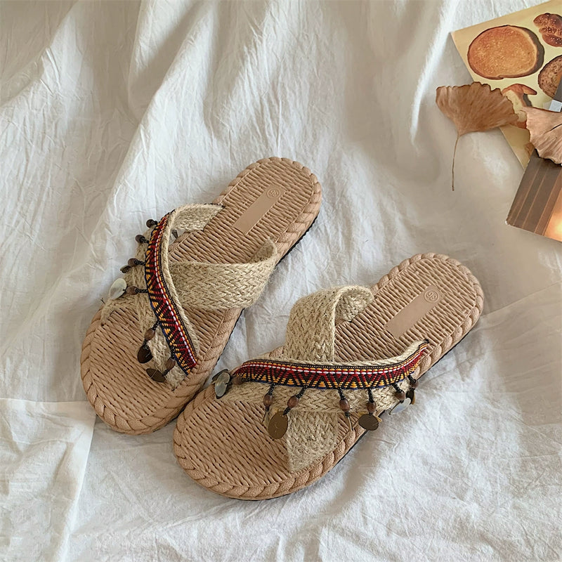 INS Handmade Thai Style Woven Beach Slippers Women's Summer Outdoor 2024 New Vacation Ethnic Style Sandals