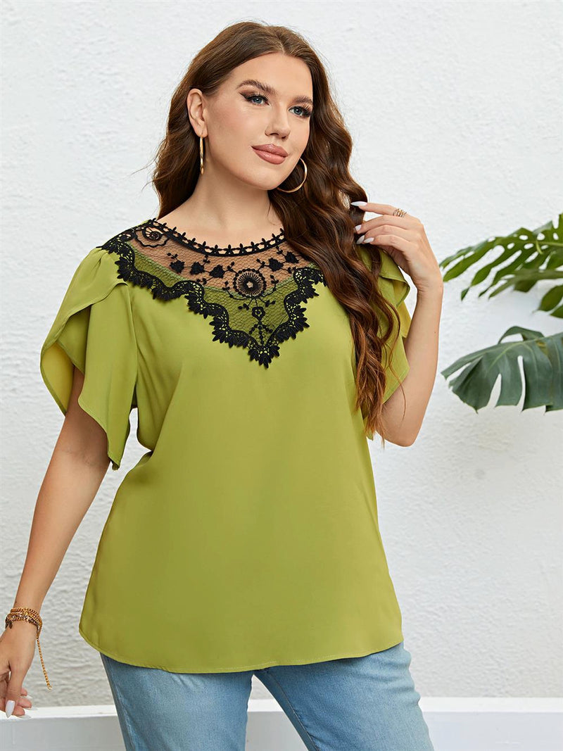 Summer Blouse plus Size Lace T Shirt Summer Green round-Neck Lace Top for Women