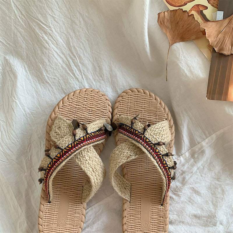 INS Handmade Thai Style Woven Beach Slippers Women's Summer Outdoor 2024 New Vacation Ethnic Style Sandals