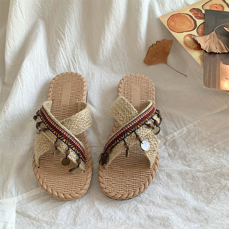 INS Handmade Thai Style Woven Beach Slippers Women's Summer Outdoor 2024 New Vacation Ethnic Style Sandals