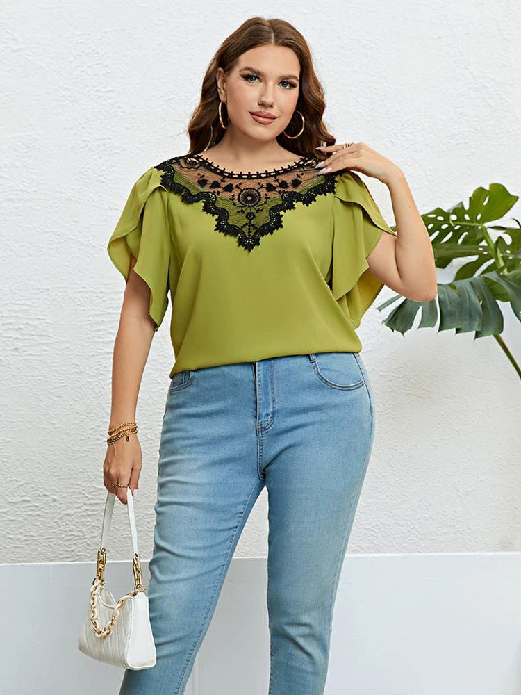 Summer Blouse plus Size Lace T Shirt Summer Green round-Neck Lace Top for Women