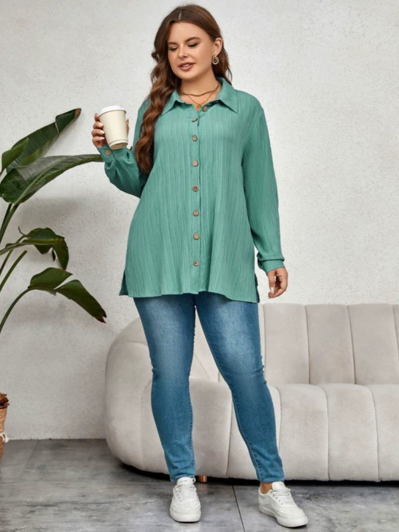 Summer plus Size Green Loose Long Sleeve Shirt