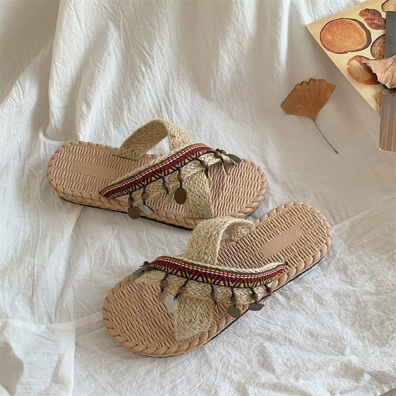 INS Handmade Thai Style Woven Beach Slippers Women's Summer Outdoor 2024 New Vacation Ethnic Style Sandals