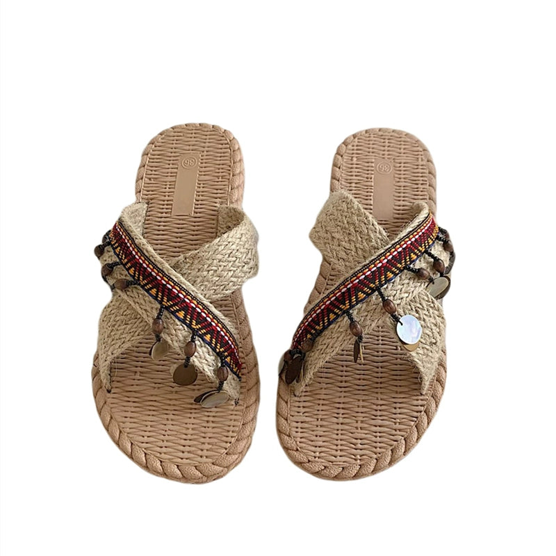 INS Handmade Thai Style Woven Beach Slippers Women's Summer Outdoor 2024 New Vacation Ethnic Style Sandals