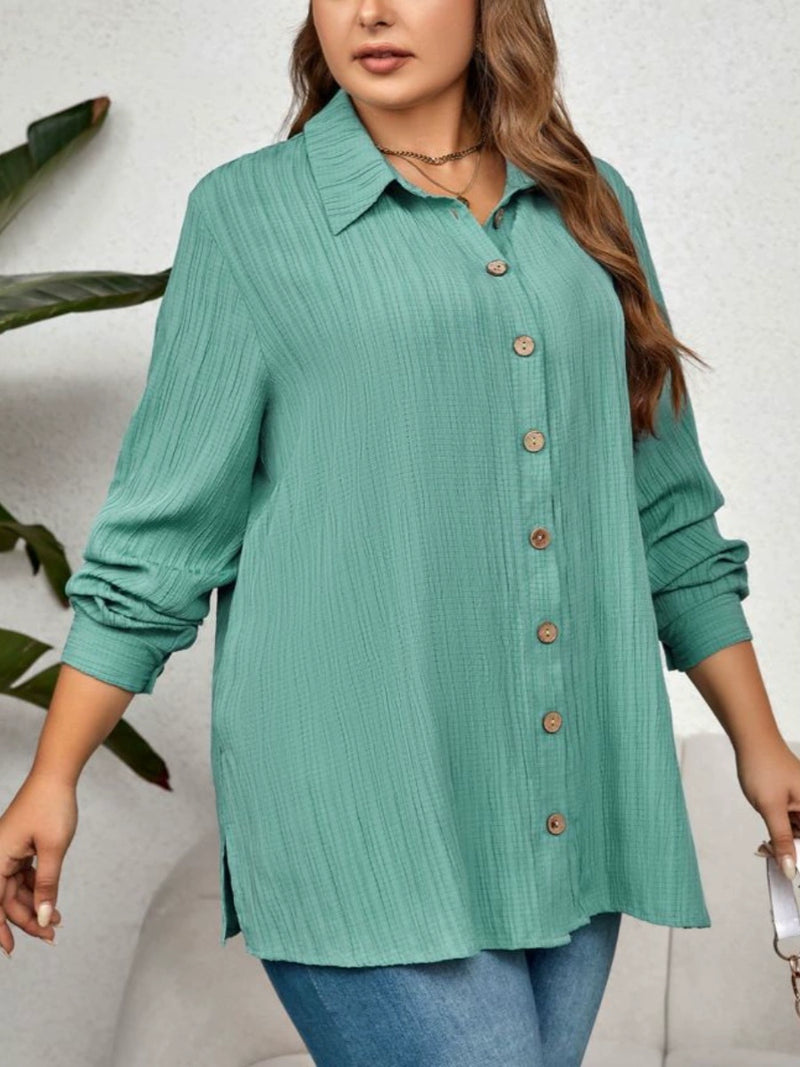 Summer plus Size Green Loose Long Sleeve Shirt