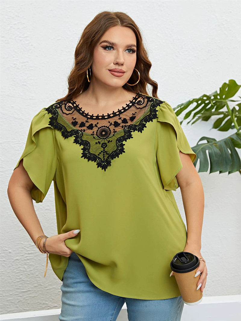 Summer Blouse plus Size Lace T Shirt Summer Green round-Neck Lace Top for Women