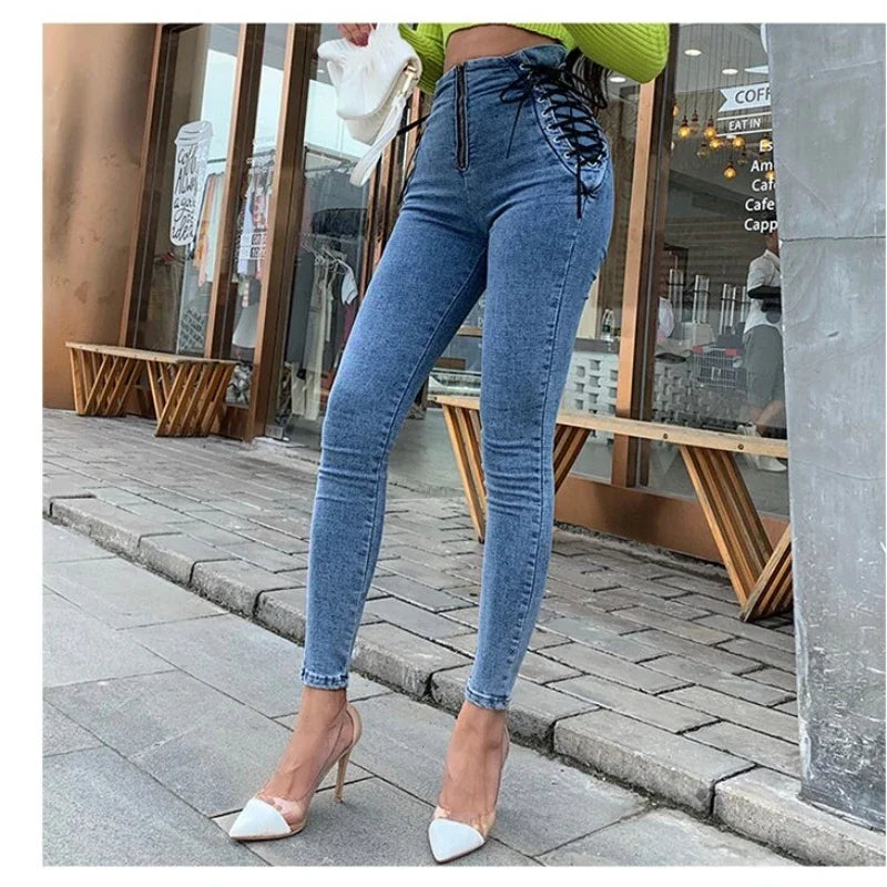 High-Waist Lace-Up Denim Pants: Slim Fit, XS-5XL