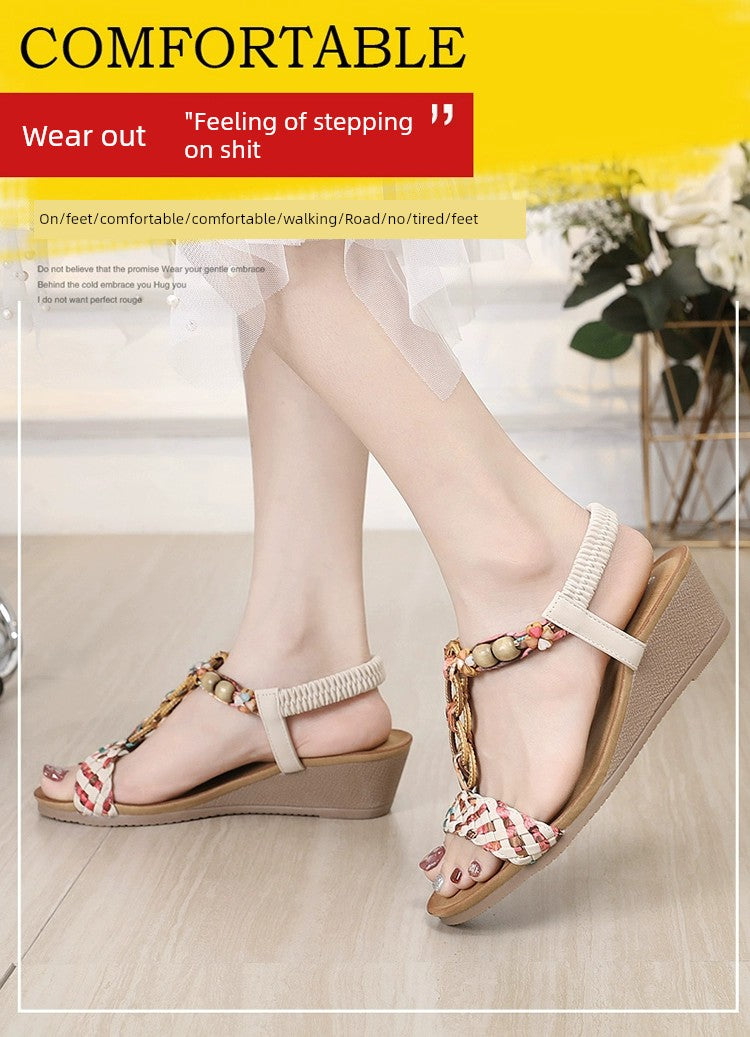 Bohemian Thick Sole Beaded 41-43 Wedge Sandals